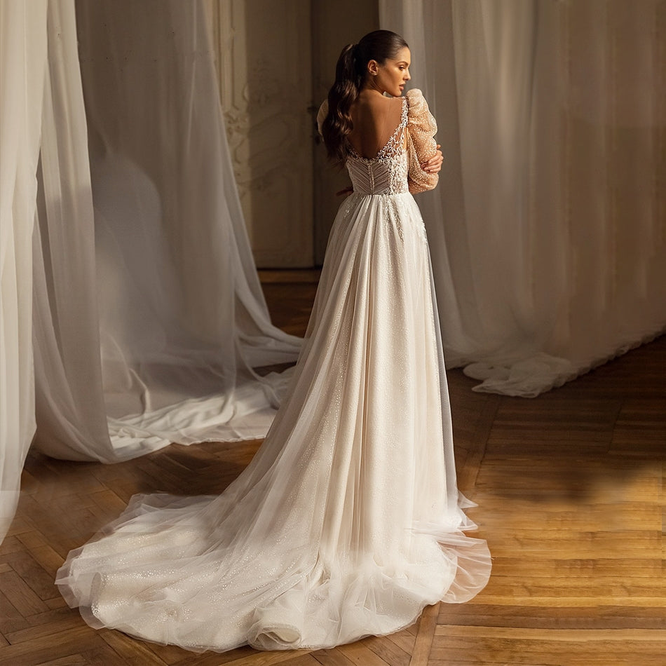 ROMINA<br>A-Line Delicate Beaded Sequined Lace Sweetheart Neckline Long Sleeves Backless Bridal Gown
