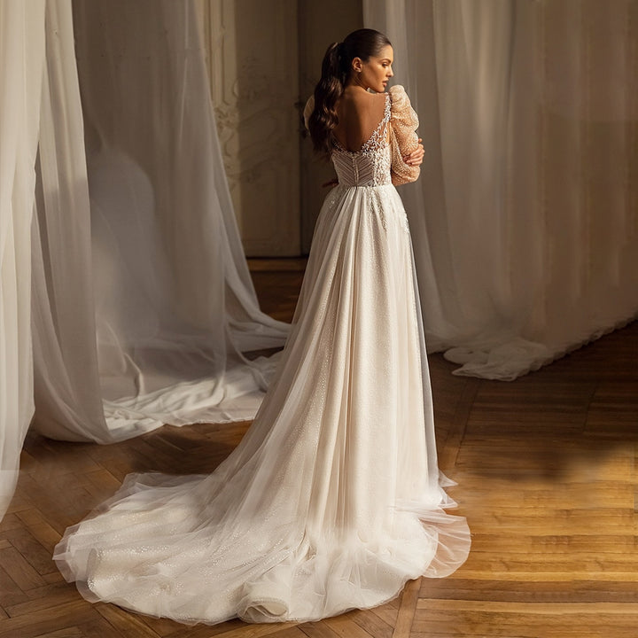 ROMINA<br>A-Line Delicate Beaded Sequined Lace Sweetheart Neckline Long Sleeves Backless Bridal Gown