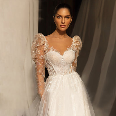 ROMINA<br>A-Line Delicate Beaded Sequined Lace Sweetheart Neckline Long Sleeves Backless Bridal Gown