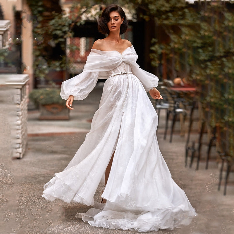 RONNA<br>Romantic Puff Sleeves Sweetheart Neckline Pearled A-Line Court Train Bridal Gown