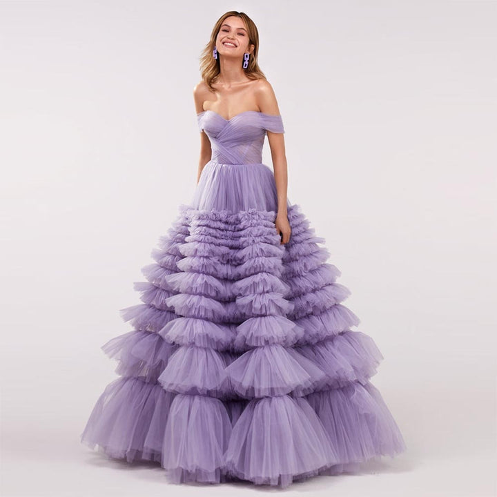 VIOLETTE<br>Lavender Tiered Sweetheart Neckline Off-the-Shoulder Ruffled Long Lace-up Wedding Gown