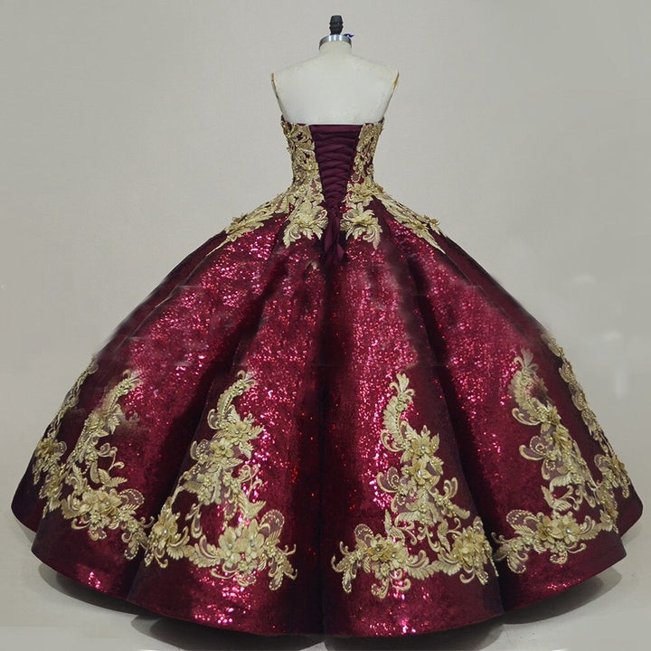 SALAMA<br>Oriental Deep Red Glittery Sequined Lace-up  Ball Gown Bridal Gown
