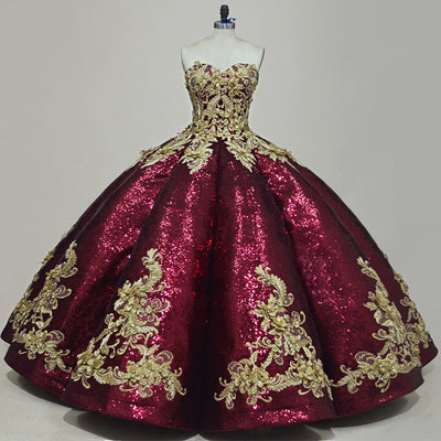SALAMA<br>Oriental Deep Red Glittery Sequined Lace-up  Ball Gown Bridal Gown