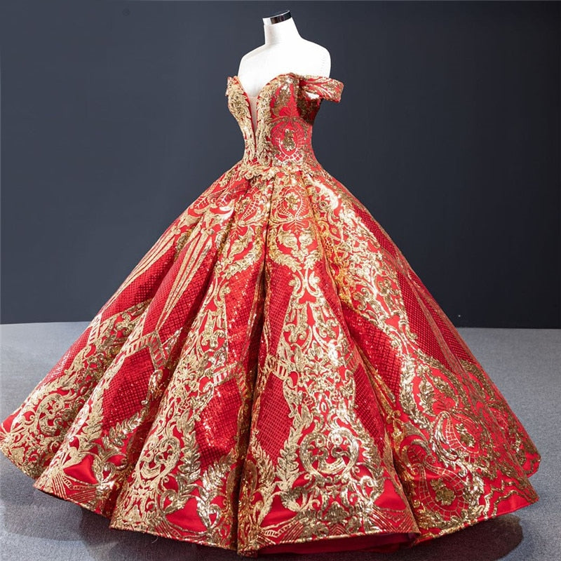 SHAHNAZ<br>Oriental Luxury Red Gold Sequined Off-the-Shoulder Lace-Up Bridal Gown