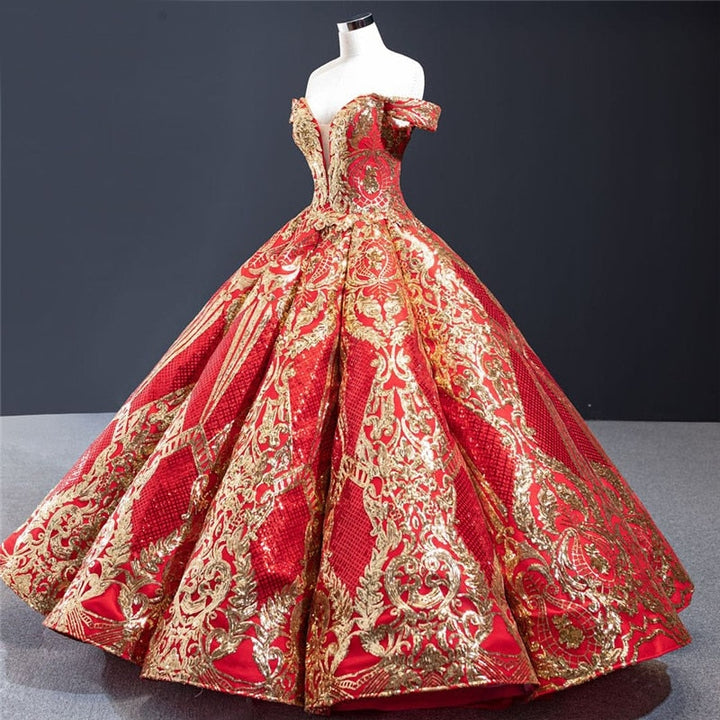 SHAHNAZ<br>Oriental Luxury Red Gold Sequined Off-the-Shoulder Lace-Up Bridal Gown