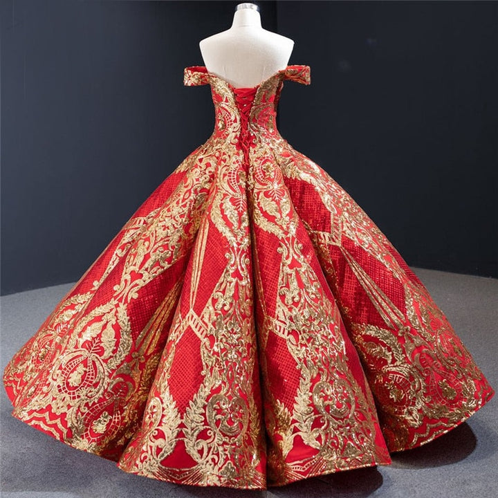 SHAHNAZ<br>Oriental Luxury Red Gold Sequined Off-the-Shoulder Lace-Up Bridal Gown