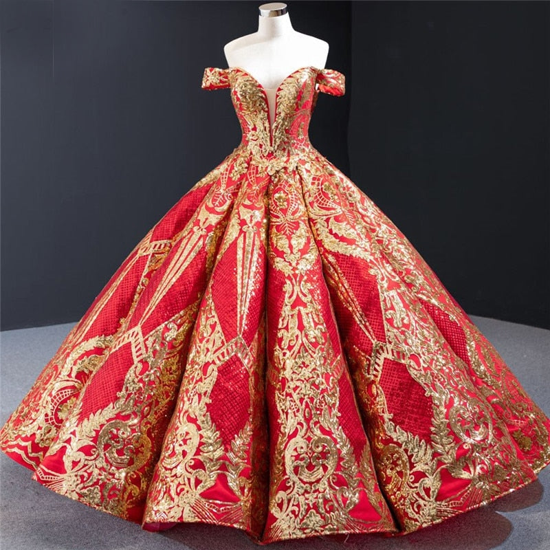 SHAHNAZ<br>Oriental Luxury Red Gold Sequined Off-the-Shoulder Lace-Up Bridal Gown