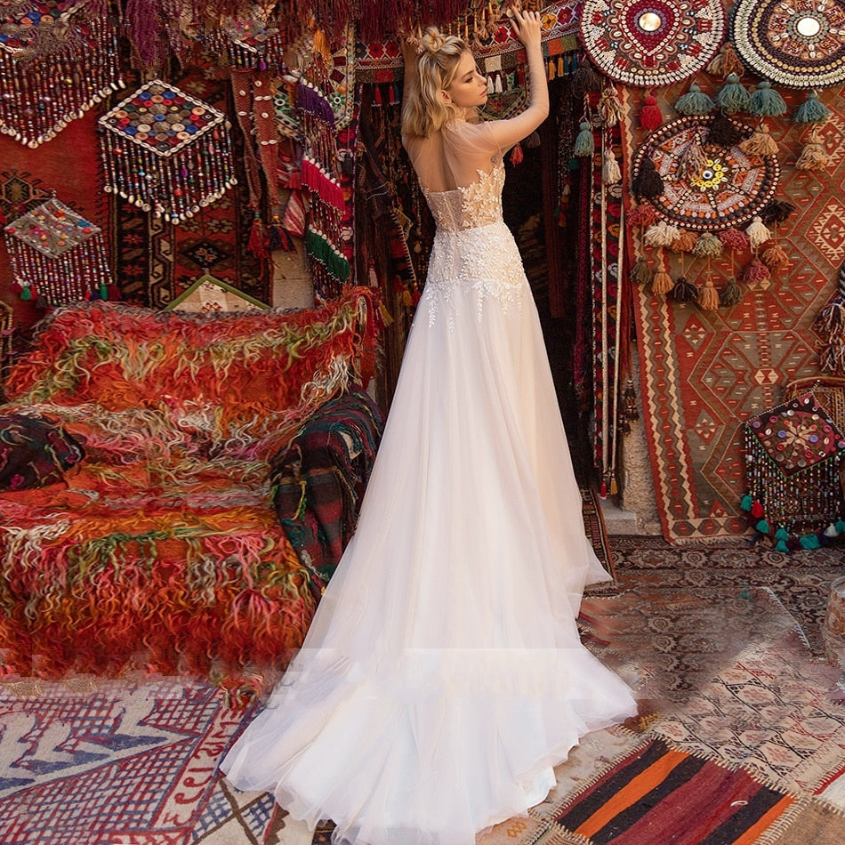SALAMAH<br>Oriental Delicate Sequined Appliqué Semi-Transparent Long Sleeves Backless Tulle Mermaid Bridal Gown