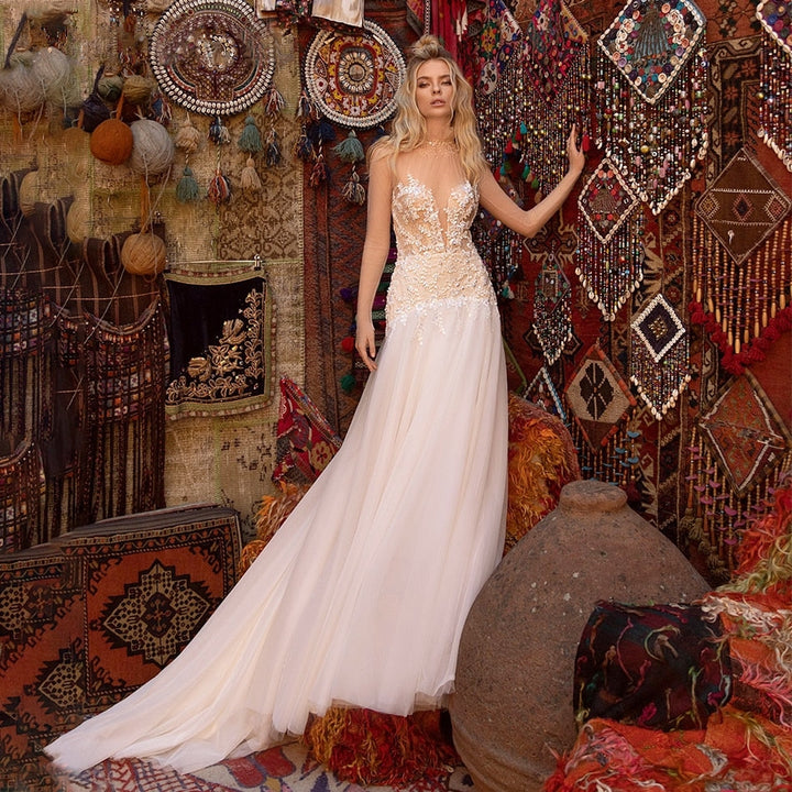 SALAMAH<br>Oriental Delicate Sequined Appliqué Semi-Transparent Long Sleeves Backless Tulle Mermaid Bridal Gown