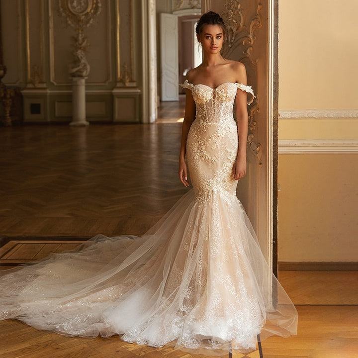 STELLA<br>Glamorous Backless Shiny Beaded Flower Appliqué Sweetheart Neckline Cap Sleeve Bridal Gown