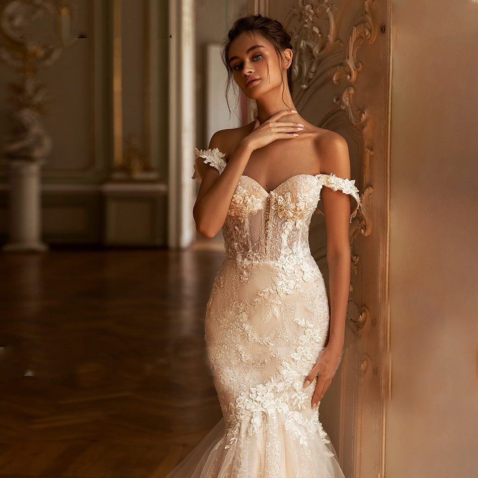 STELLA<br>Glamorous Backless Shiny Beaded Flower Appliqué Sweetheart Neckline Cap Sleeve Bridal Gown