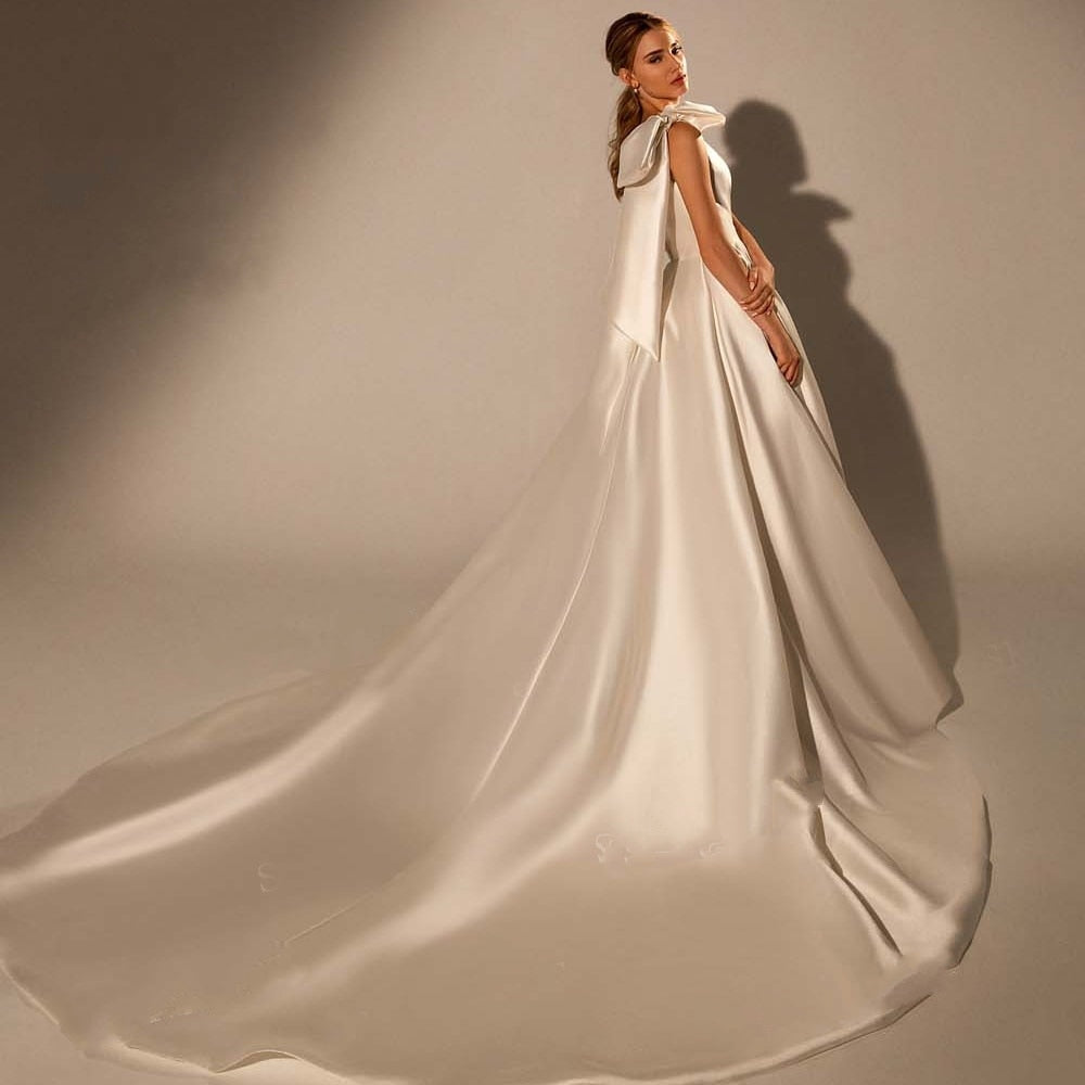 Vintage Bow One-Shoulder A-Line Train Satin Wedding Dress