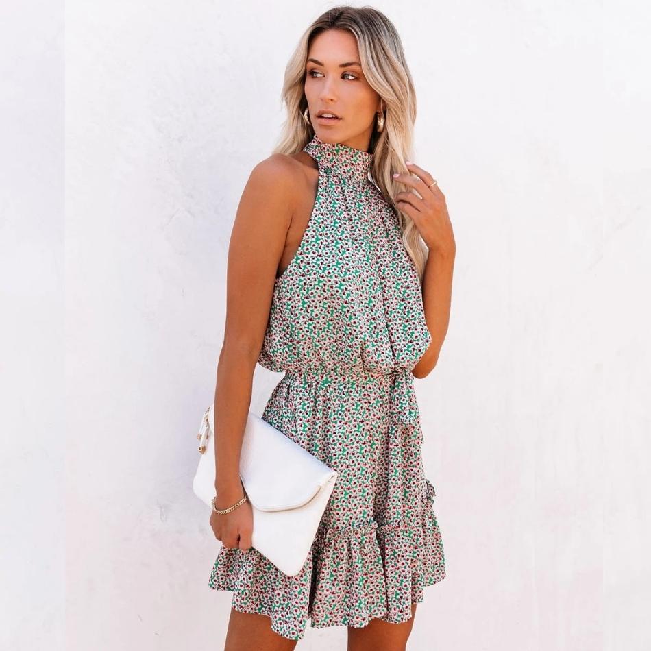 HATTY<br>Floral Print Halter Stringy Dress