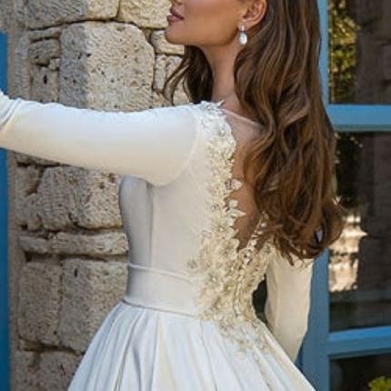 HERMIONE<br>Satin Long Sleeve Beaded Sweep Train A-Line Button-up Wedding Gown