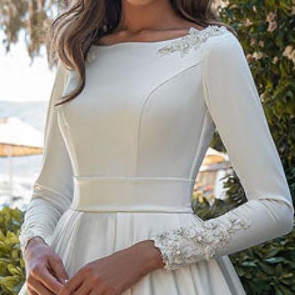 HERMIONE<br>Satin Long Sleeve Beaded Sweep Train A-Line Button-up Wedding Gown