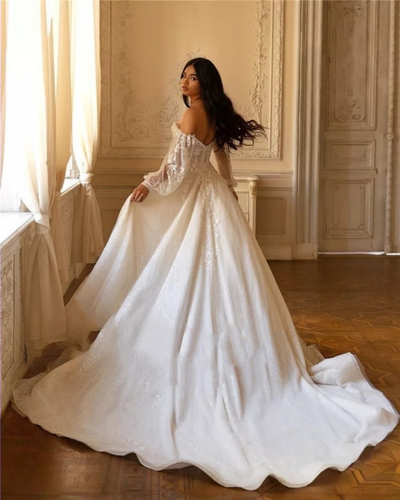  Luxury Wedding Dress Sequined Long Sleeve Lace Bridal Dress