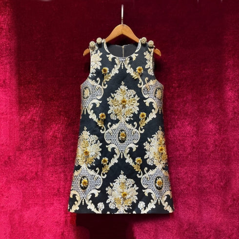 LE MONTMARTRE<br>Vintage luxury Golden Line Flower Jacquard Appliqué Black Mini Dress Tank Dress