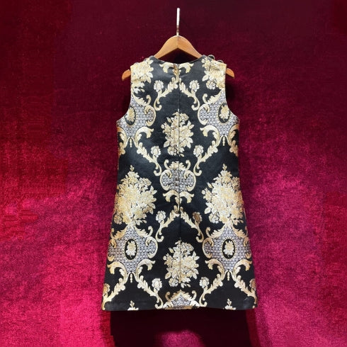 LE MONTMARTRE<br>Vintage luxury Golden Line Flower Jacquard Appliqué Black Mini Dress Tank Dress
