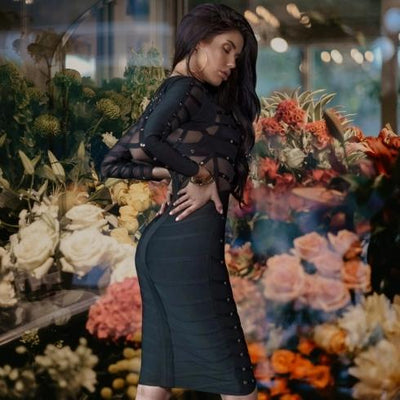 AYGARD<br>Black Lace Bandage Long Sleeve Sexy Mesh Beaded Bodycon Midi Dress