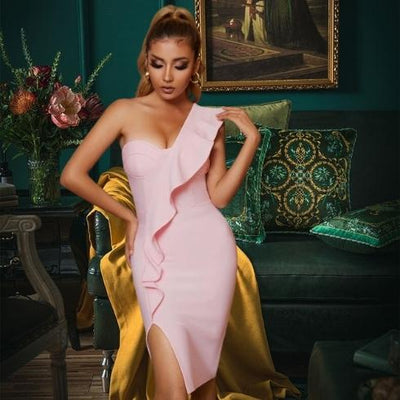 CARMELLA<br>One Shoulder Bodycon Bandage Pink Ruffles Dress