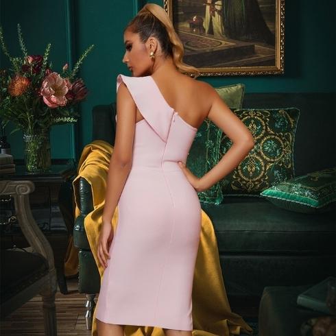CARMELLA<br>One Shoulder Bodycon Bandage Pink Ruffles Dress