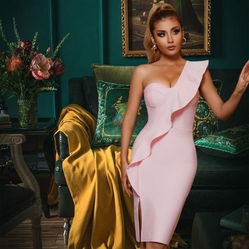 CARMELLA<br>One Shoulder Bodycon Bandage Pink Ruffles Dress