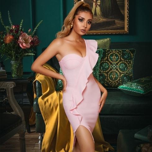 CARMELLA<br>One Shoulder Bodycon Bandage Pink Ruffles Dress