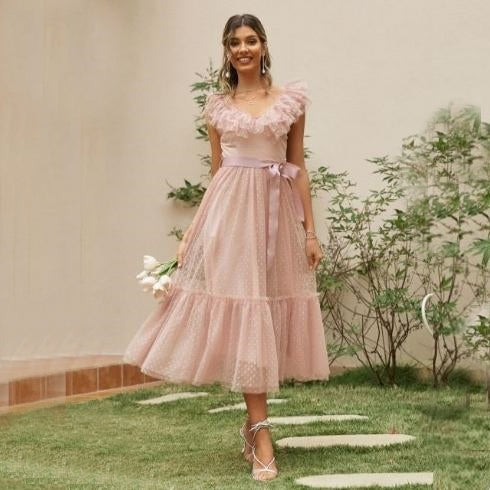 ELLISE<br>Romantic V-Neck Mesh Polka Dot Summer Tulle Backless Pink Ruffles Sleeveless Sashed Ankle-Length Dress