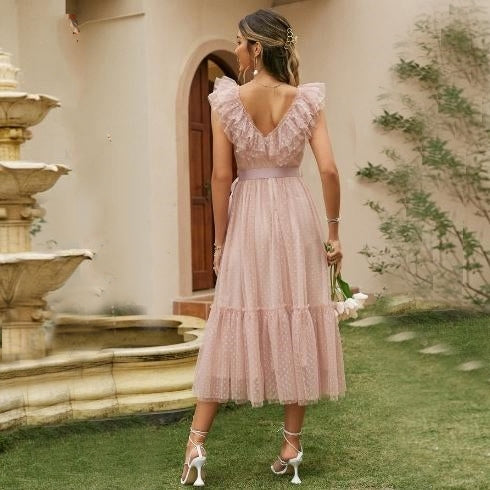 ELLISE<br>Romantic V-Neck Mesh Polka Dot Summer Tulle Backless Pink Ruffles Sleeveless Sashed Ankle-Length Dress