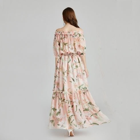 EVERLY<br>Elegant Slash Neck Off-the-Shoulder Floral Tulips Print Maxi Bohemian Summer Vacation Honeymoon Dress