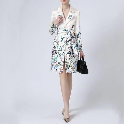 A STROLL DOWN THE CHAMPS ELYSEES<br>Elegant Flower Print Long Sleeves Single-Breasted Long Trench Coat