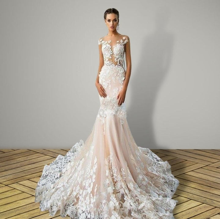 IRENE<br>Mermaid Open Back Sleeveless Lace Appliqué Wedding Dress