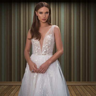 CELESTINE<br>Romantic V-neck Tulle Beaded 3D Flower Appliqué A-Line Illusion Bridal Gown