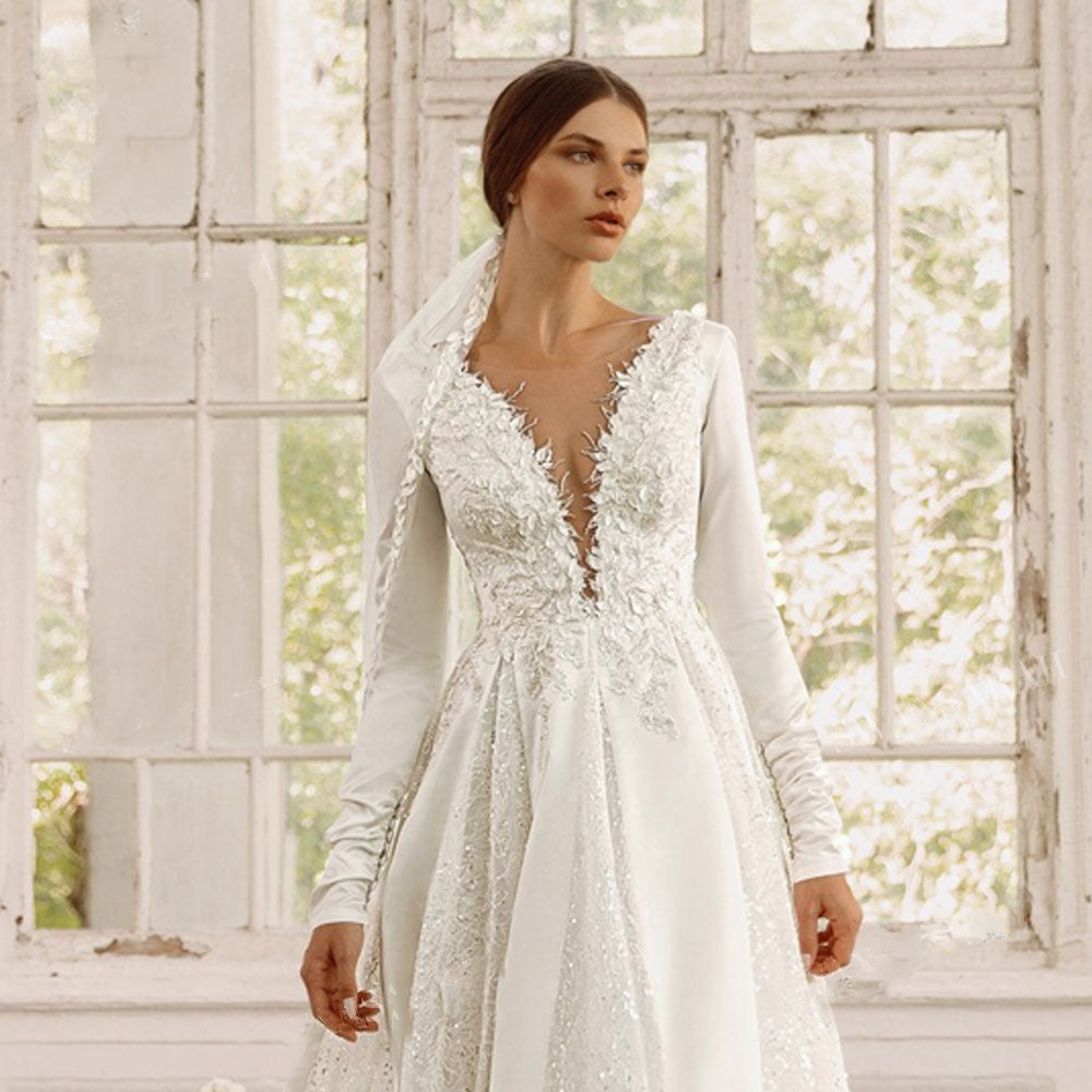 VANINNA<br>Long Sleeve Satin Appliqué Beaded A-Line  Bridal Gown