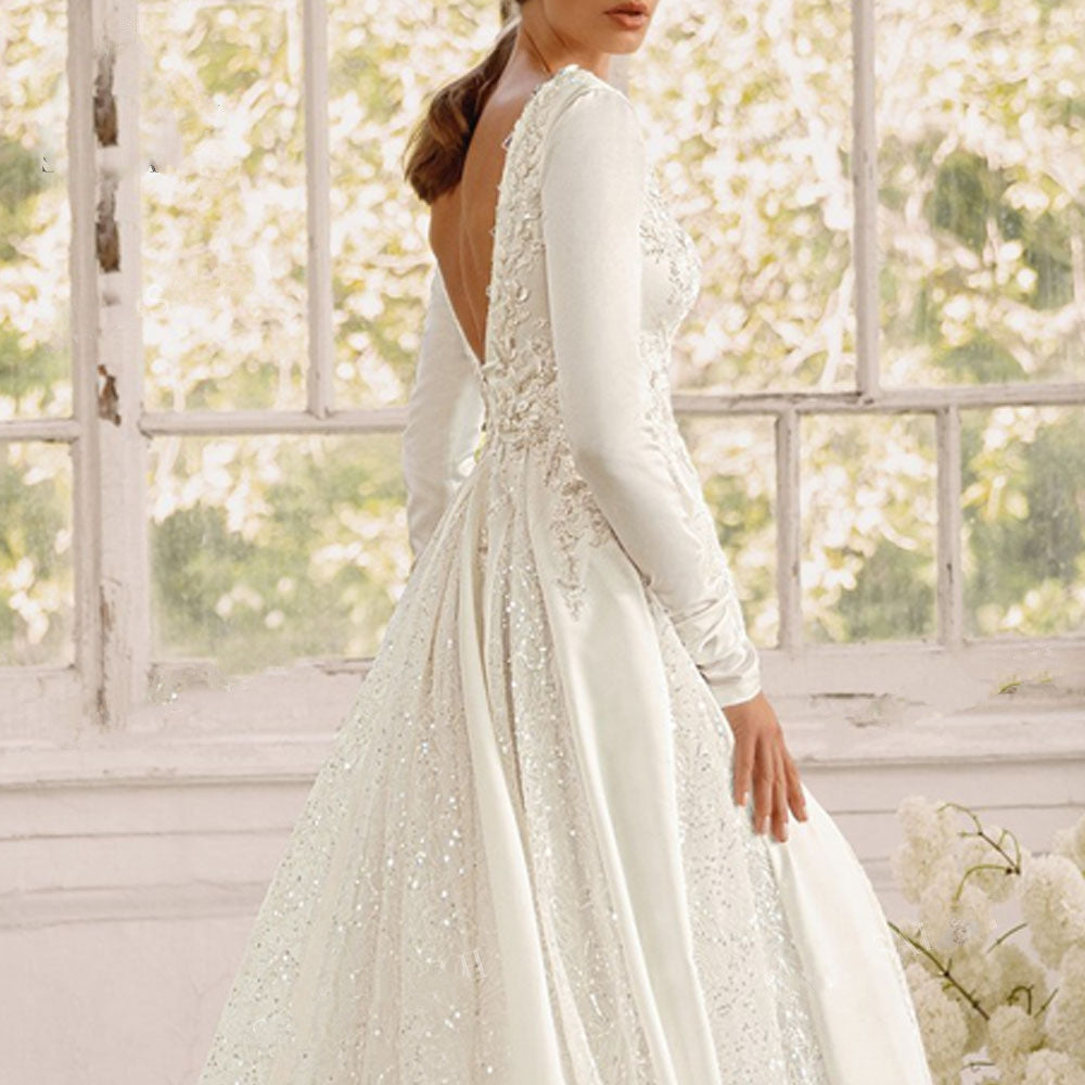 VANINNA<br>Long Sleeve Satin Appliqué Beaded A-Line  Bridal Gown