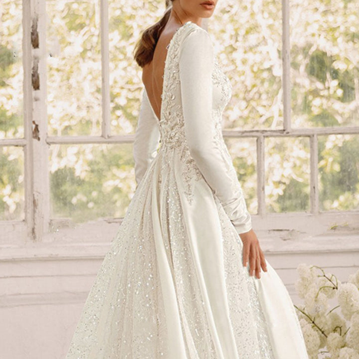 VANINNA<br>Long Sleeve Satin Appliqué Beaded A-Line  Bridal Gown