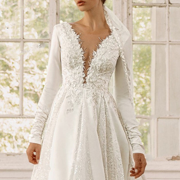 VANINNA<br>Long Sleeve Satin Appliqué Beaded A-Line  Bridal Gown