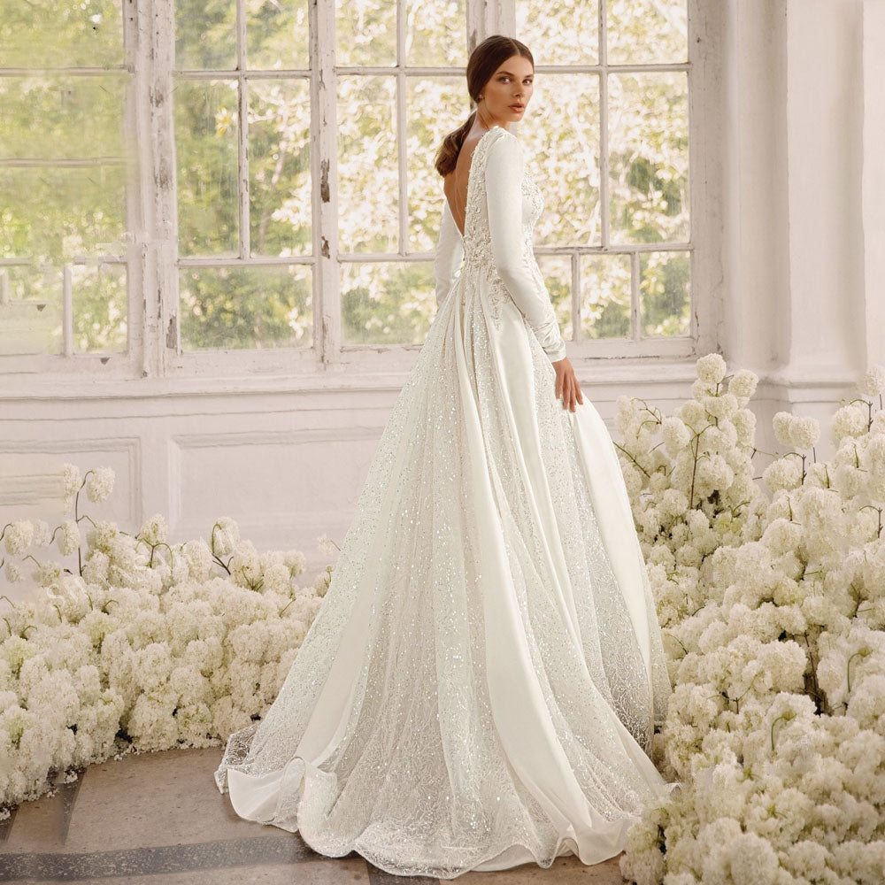 VANINNA<br>Long Sleeve Satin Appliqué Beaded A-Line  Bridal Gown