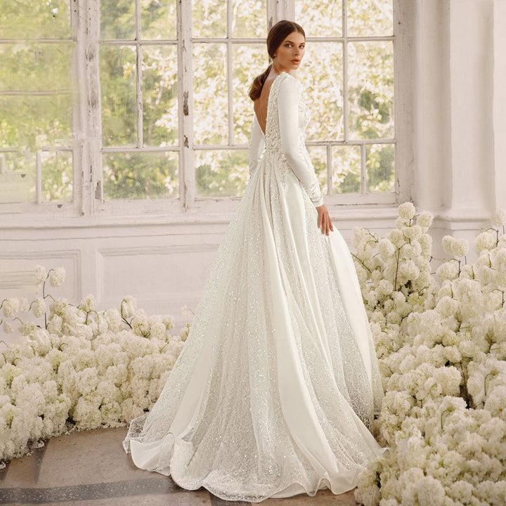 VANINNA<br>Long Sleeve Satin Appliqué Beaded A-Line  Bridal Gown