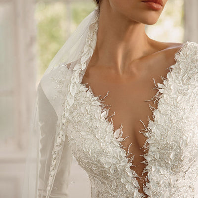 VANINNA<br>Long Sleeve Satin Appliqué Beaded A-Line  Bridal Gown