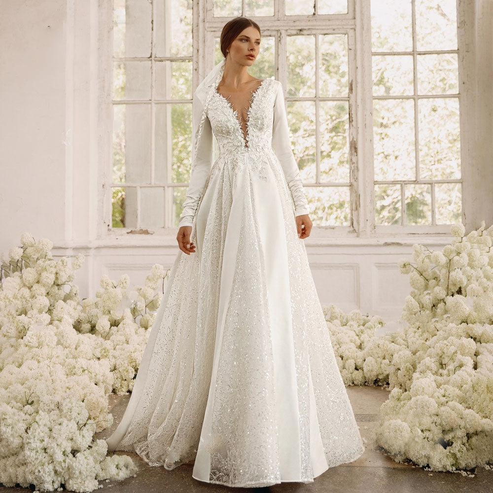 VANINNA<br>Long Sleeve Satin Appliqué Beaded A-Line  Bridal Gown