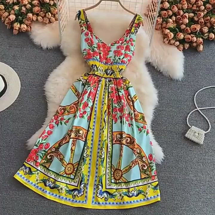 BEAUTIFUL CAPRI<br>Vintage Inspired Vacation Spaghetti Straps Printed High Elastic Waist A-Line Knee-Length Dress