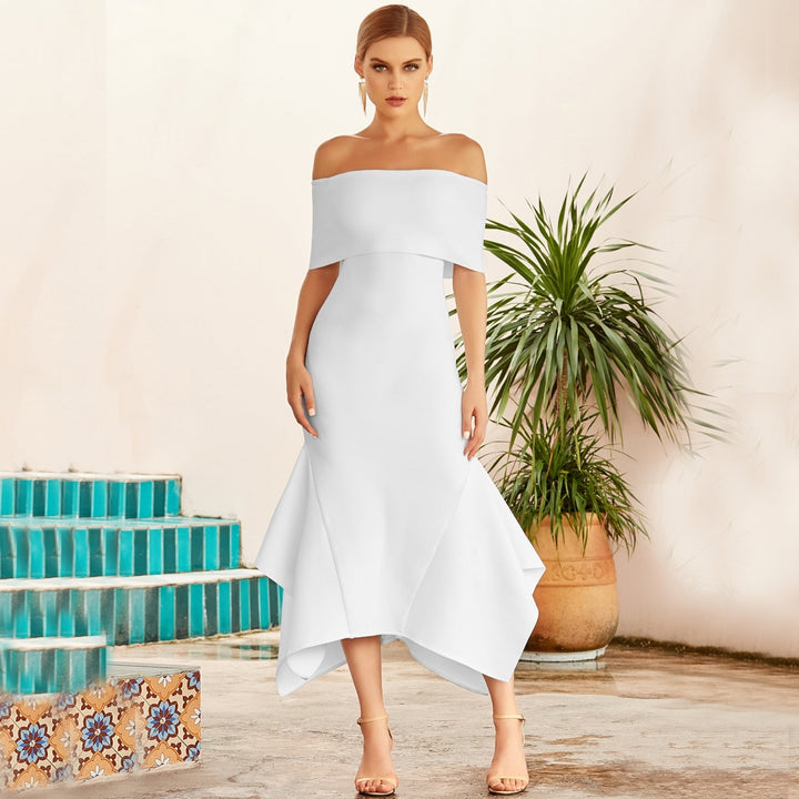 CLOTILDE<br>White Off-The-Shoulder Bandage Bodycon Dress