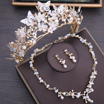 Wedding Tiara<br>Crystals Beads Pearls Butterflies and Flowers in a Luxurious  Wedding Tiara (Part of a Choker Earrings and Tiara Wedding Set)