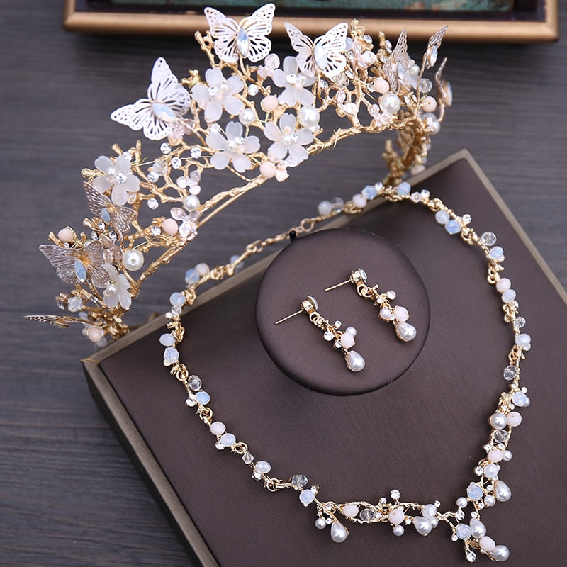 Wedding Set<br>Crystals Beads Pearls Butterflies and Flowers in a Luxurious  Choker Earrings and Tiara Wedding Set