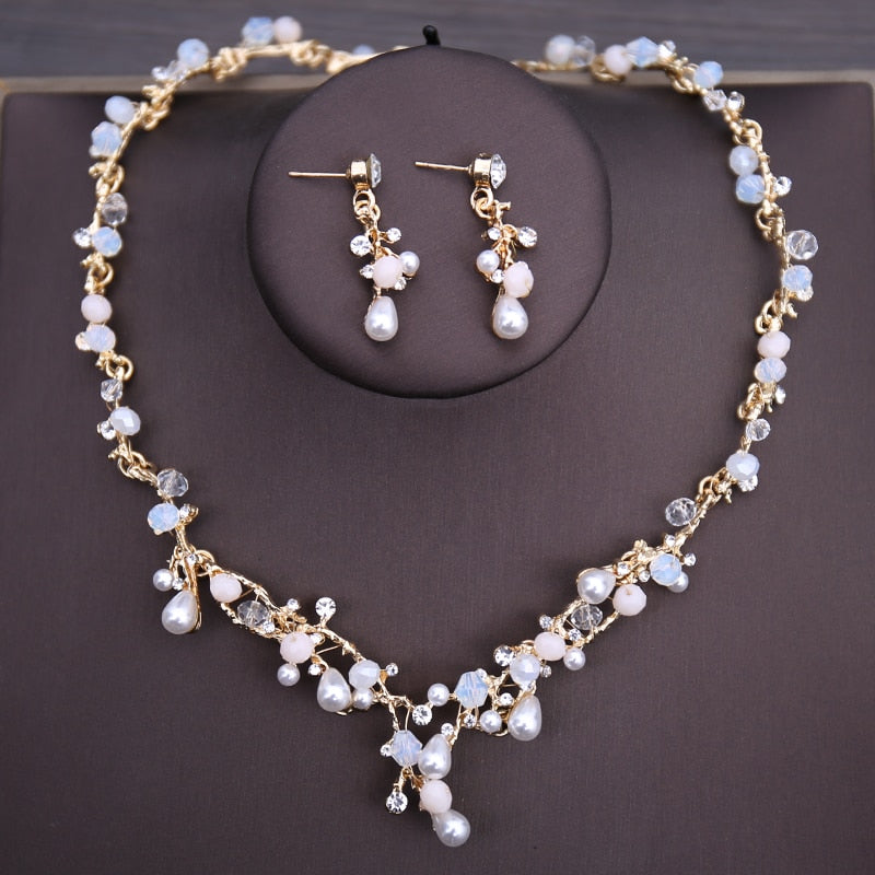 Wedding Choker and Earrings<br>Crystals Beads Pearls Butterflies and Flowers in a Luxurious  Wedding 2-Pieces Set (Part of a Choker Earrings and Tiara Wedding Set)