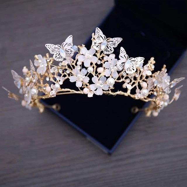 Wedding Tiara<br>Crystals Beads Pearls Butterflies and Flowers in a Luxurious  Wedding Tiara (Part of a Choker Earrings and Tiara Wedding Set)