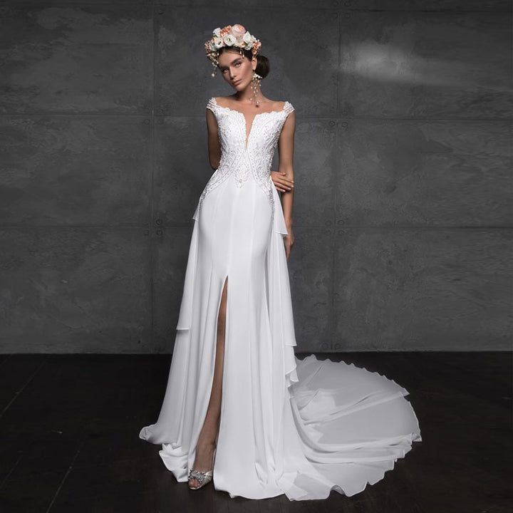 SOPHIE<br>Slit Appliqué Beaded Satin 2 Pieces Mermaid Wedding Gown With Removable Tail