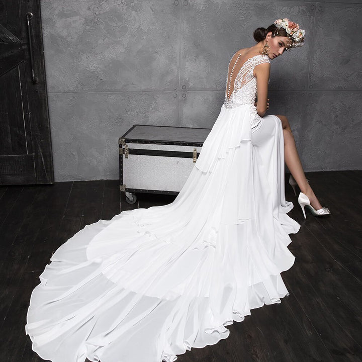 SOPHIE<br>Slit Appliqué Beaded Satin 2 Pieces Mermaid Wedding Gown With Removable Tail