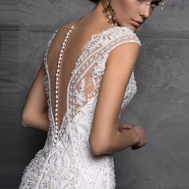 SOPHIE<br>Slit Appliqué Beaded Satin 2 Pieces Mermaid Wedding Gown With Removable Tail